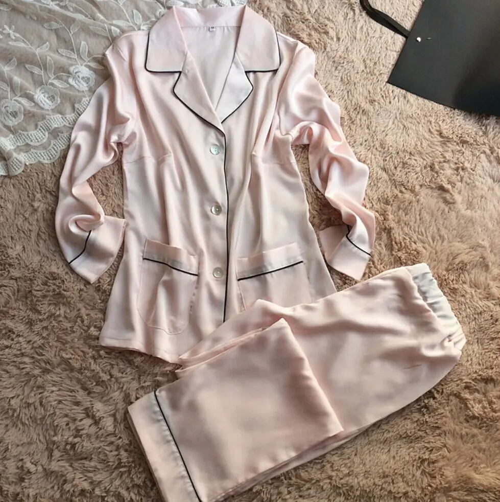 Шелковая атласная Женская одежда для сна, пижамный комплект с отложным воротником, комплект шелковой одежды для сна, топ с длинными рукавами+ штаны, 2 предмета - Цвет: pink sets