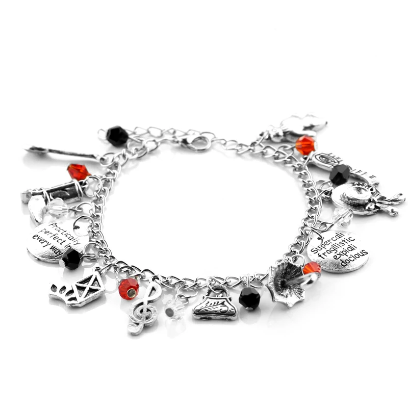 

"Practically perfect in every day" Hat Spoon Heels Bangle Handbag Umbrella Crystals Beads Charm Pendent Alloy Bracelet Jewelry