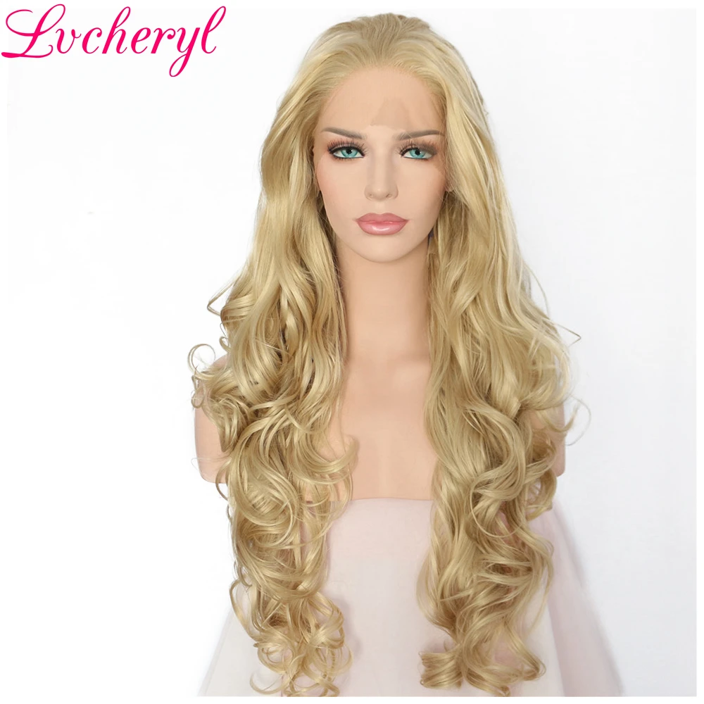 

Lvcheryl Hand Tied Natural Long Wavy Blonde Color High Temperature Fiber Hair Heat Resistant Synthetic Lace Front Women Wigs