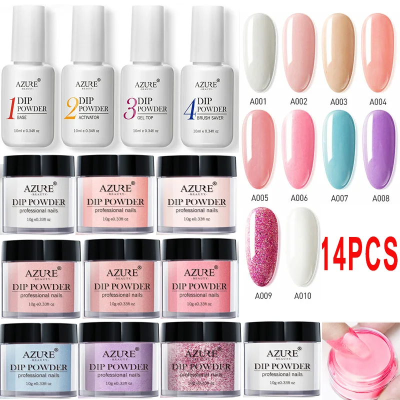 

Azure Beauty 14PCS/LOT Nail Dipping Powder Natural Dry Nail Art Decoration Without Lamp Cure Base Top Activator Liquid