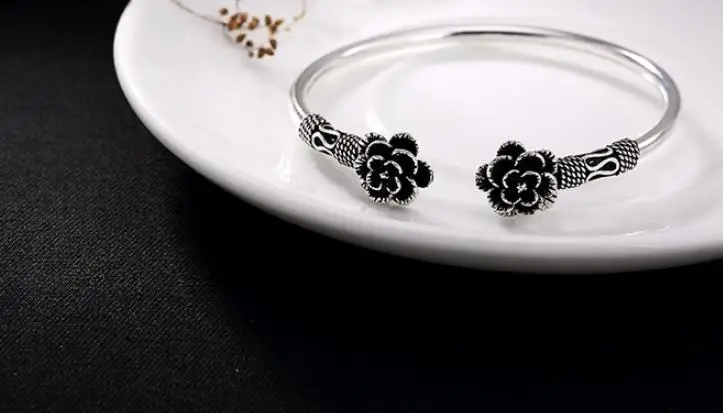 

JOOCHEER Sterling S925 925 silver Bangle peony vintage trendy bracelet size adjustable