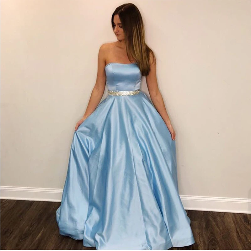 

Light Sky Blue Prom Dresses A-line Strapless Evening Gowns Floor Length Custom Women Formal Party Dress Beaded Sash Prom Gowns