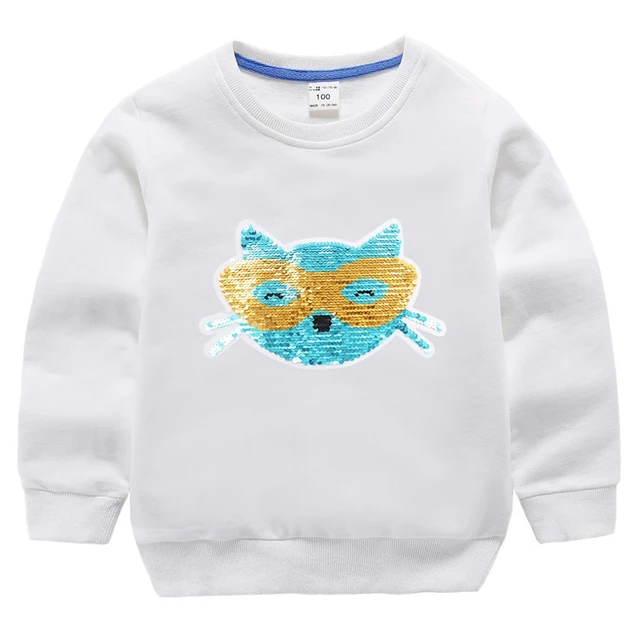 Double Sided Sequin Flash Glitter T-Shirts For Girls Sequins T Shirt Girls Cartoon Cat Kids Tshirt Summer Teen Clothes For Girls Navy Blue