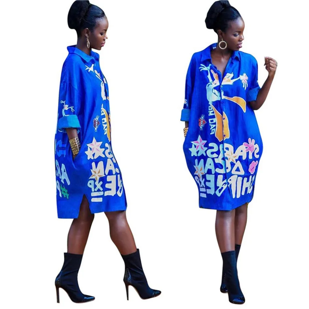 

Donald Duck Cartoon Letter Print Single-Breasted Women Dress Full Sleeve Turn-down Collar Casual Lady Knee-Length Dress CM246