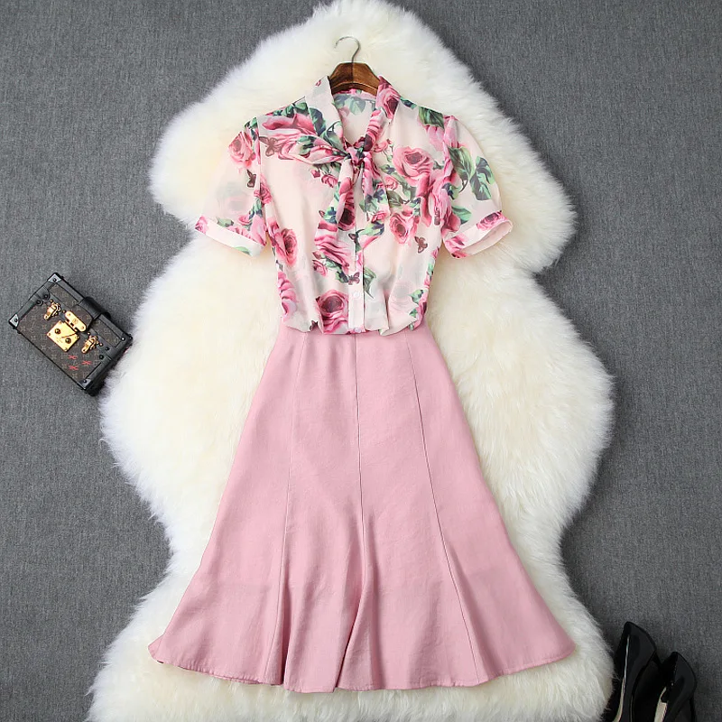

Skirt Set Summer Women's Fashion 2019 New Bow Collar Rose Flowers Printed Short Sleeved Shirt + Empire Waist Mermaid Skirt Suit