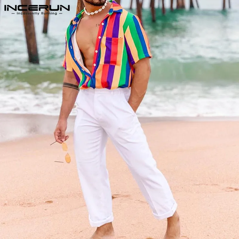 INCERUN, летняя мода, цветная полосатая Мужская рубашка, короткий рукав, лацканы, повседневные топы, свободная уличная одежда, хип-хоп, Пляжная рубашка для мужчин