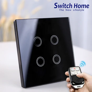 

4 gang wall light switch, Wireless Remote Control light Switch, Black Glass Panel Surface Smart Sensor touch Wall Switch