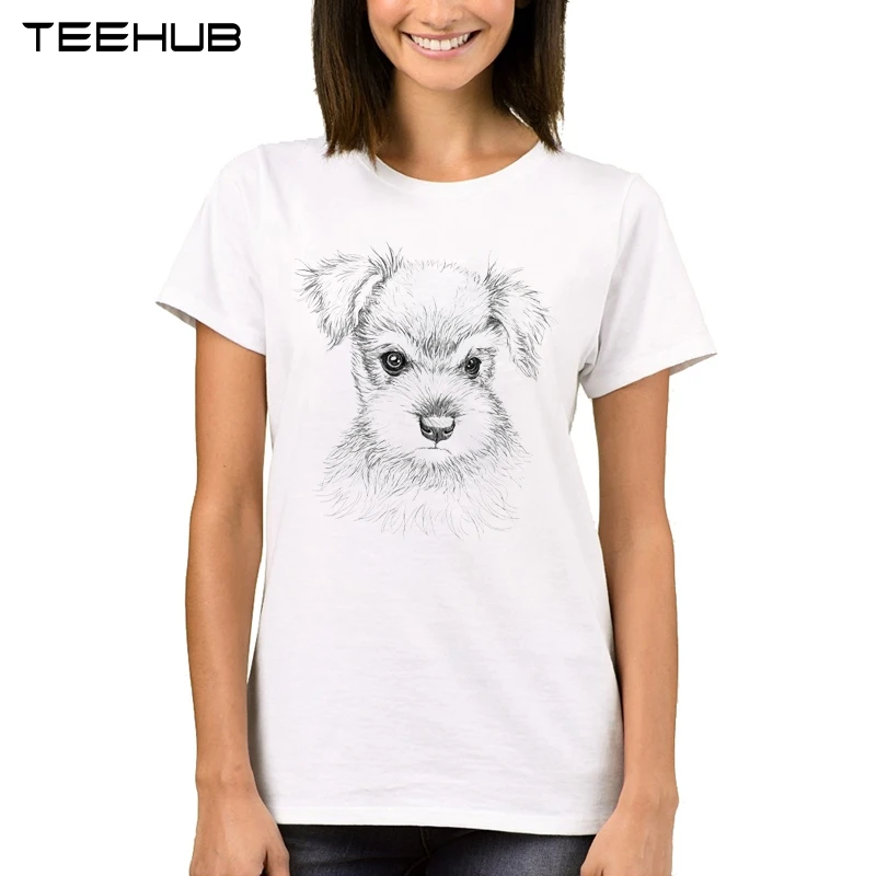 

TEEHUB Newest Short Sleeve Lady Classic T-shirt Schnauzer Dog Women T Shirts O-Neck Tops Funny Dog Sketch Tee