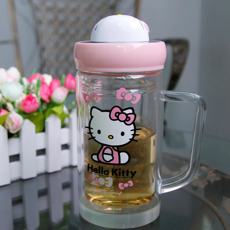 Милая бутылка для питья hello kitty, прозрачная чашка для воды, молока, Kawaii, чашка для чая, для заварки чая, фруктовый заварочный фильтр для путешествий и кофе