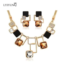 Luxury Austrian Crystals Square Jewelry Sets Geometric Earrings Pendant Snake Chain Necklace Women Parure Bijoux