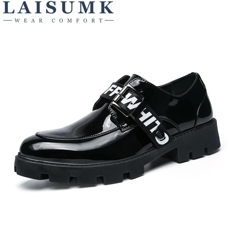 

LAISUMK Men Shoes Casual Luxury Formal Dress Color Changed Buckle Straps Wedding Brogues Zapatos Hombre Patent Leather Black