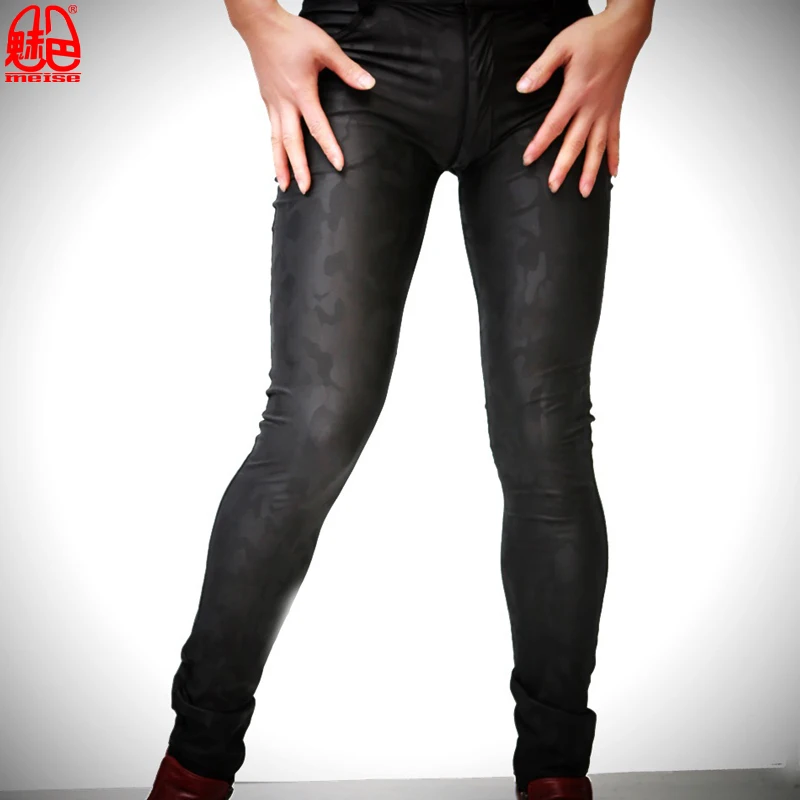 Мягкие стильные летние оригинальные корейские мужские тонкие колготки из искусственной кожи с принтом черные камуфляжные штаны