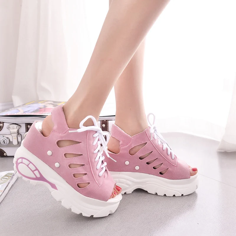 

10cm Heel hight Women Summer Sandals Mesh Hollow Wedge Sandals Wedge Shoes Woman Slippers Slides Platform Wedges Creepers