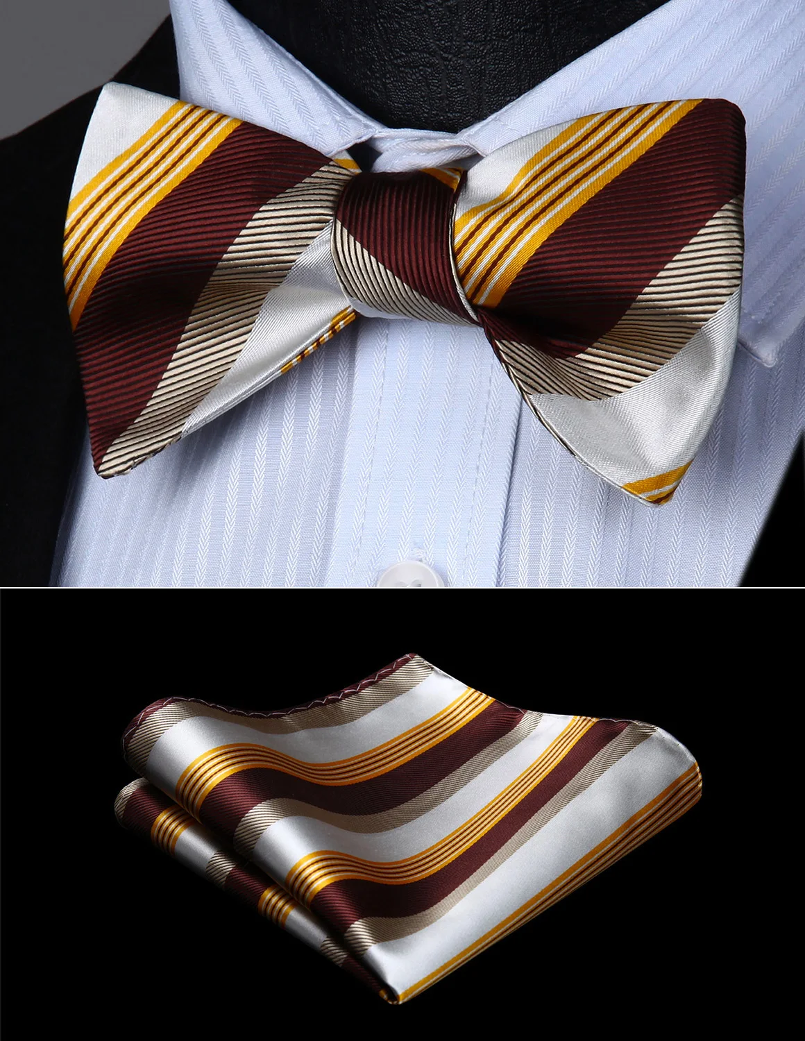 Bow Tie handkerchief set Men WovenParty Wedding Brown White Yellow Striped Self Bow Tie Pocket