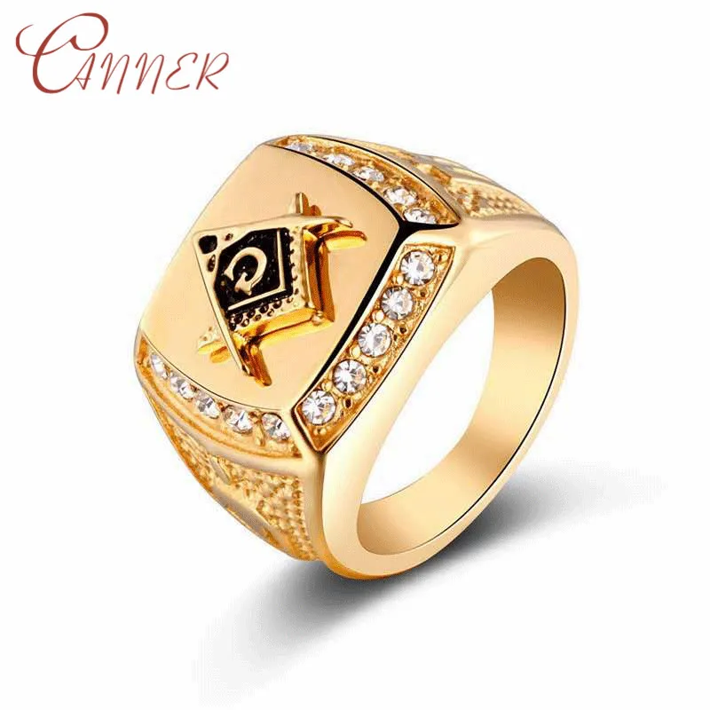 

CANNER CZ Crystal Men Ring 316L Stainless Steel Ring with Freemason Masonic Free Mason Signet Mens Rings Rock Fashion Jewelry