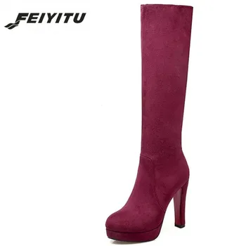 

feiyitu Fashion Suede Leather Knee High Long Boots Female High Heels Round Toe Boots Women Thick Platform Slim Boots Wine