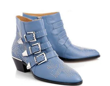 ARQA/зимние женские ботильоны из натуральной кожи с пряжкой; мотоботы с острым носком на каблуке «рюмочка»; женская обувь; zapatos mujer - Цвет: Blue