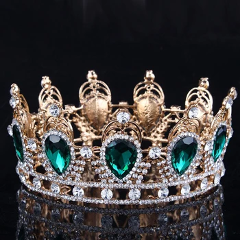 

King/Queen Crown Green Gem Stone Bridal Tiaras Gold Crystal Zircon Bride Wedding Hair Jewelry Pageant Prom Crown Headband