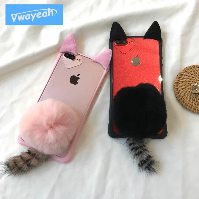 Ins Hot Warm Fur Fuzzy Lovely For iPhone x 10 6 7 8 Plus Love Heart Camera Hole Kawaii 3D Cat Ears Big Leopard Plush Tail Case | Мобильные