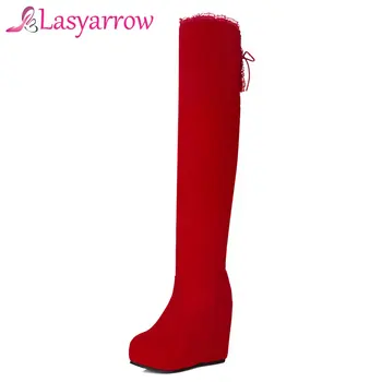 

Lasyarrow Height Increasing Long Boots Sexy High Hidden Wedges Round Toe Over the Knee Boots Thigh High Winter Wedding Shoes