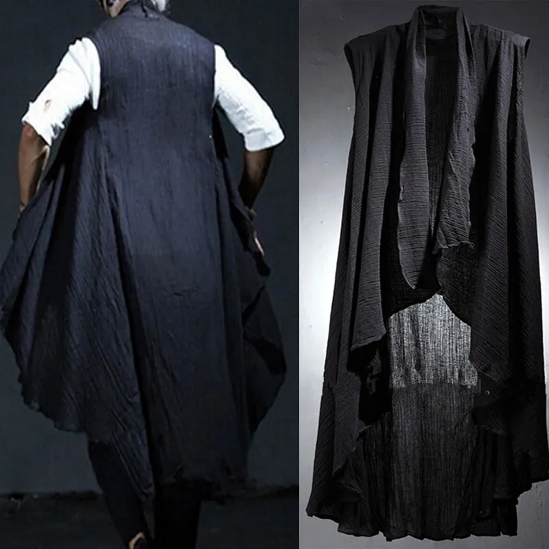 

New Fahion Mens Avant-garde Dark Edge Designer Light-weight Ruffle Accent Cardigan Linen Draping Shawl Mens Summer Costume