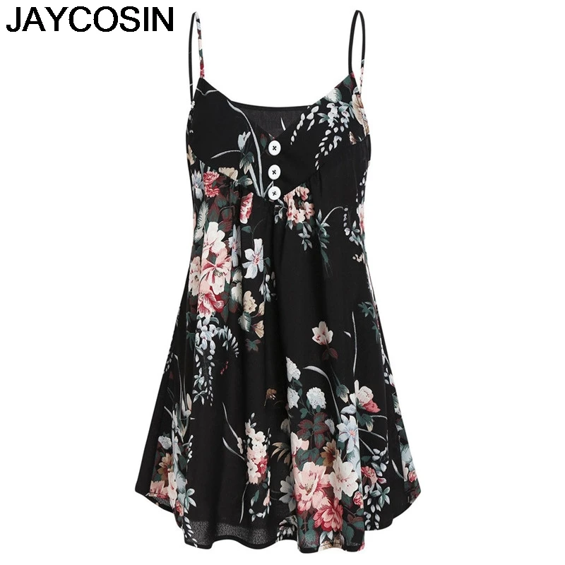 

JAYCOSIN 2019 New Summer Women Tops Floral Printed Chiffon Sleeveless Botton V-Neck Button Camis Tops Shirt Arriba je26
