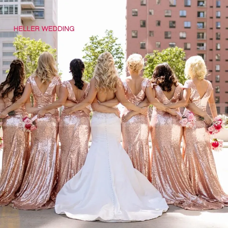 Платье подружки невесты с пайетками для женщин Глубокий круглый вырез кепки рукава розовое золото платье подружки невесты Bruidsmeisjes Jurk для женщин