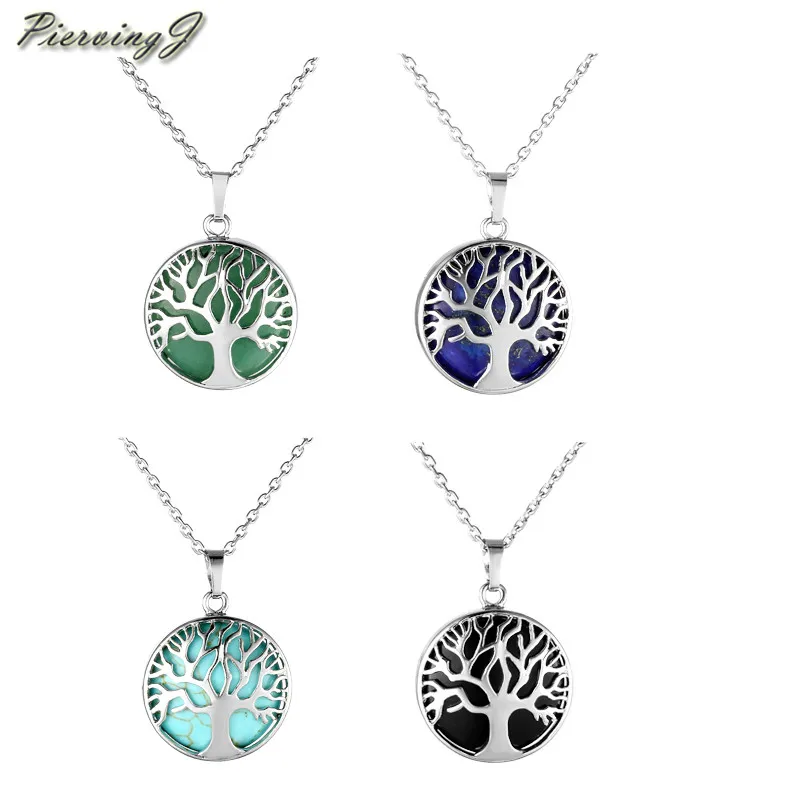 

PiercingJ Women Silver Tree of Life Gem stone Necklace Chakra Healing Crystals Pendant 24 Inches best gift for families friends