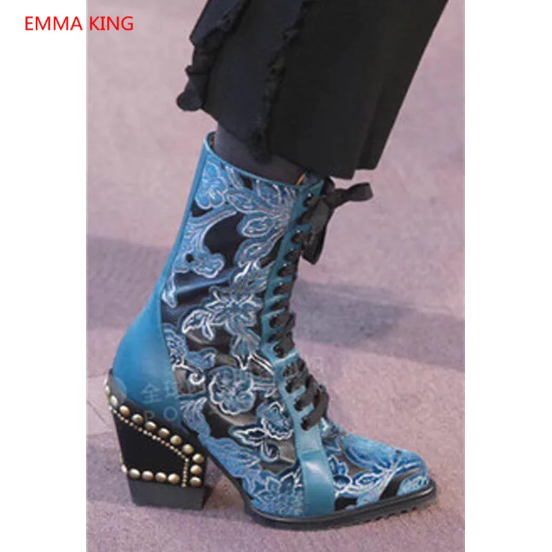 

2018 Autumn Winter Women Prints Boots Pointed Toe Rivets Studded Heel Ankle Boots Woman Lace Up High Heels Shoes Booties Short