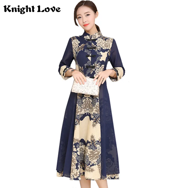 

New Women Dress Cotton Lady Traditional Chinese Style Cheongsam Patchwork Long Sleeve Knee Length Print Qipao Dress Plus Size