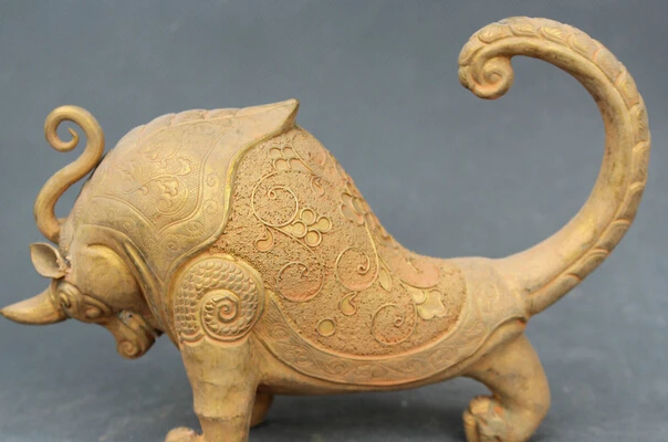 

JP S0524 8"Old Chinese Myth Of Bull Oxen Beast Copper Gilt Museum Palace Statue sculpture