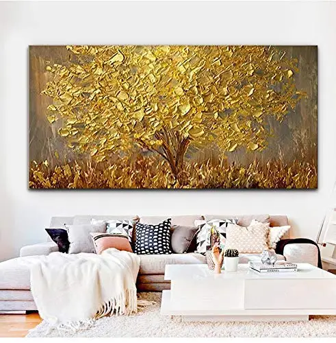 Ручная роспись палитра нож золотое дерево масло холст картины Большие абстрактные настенные художественные картины для гостиной настенные картины