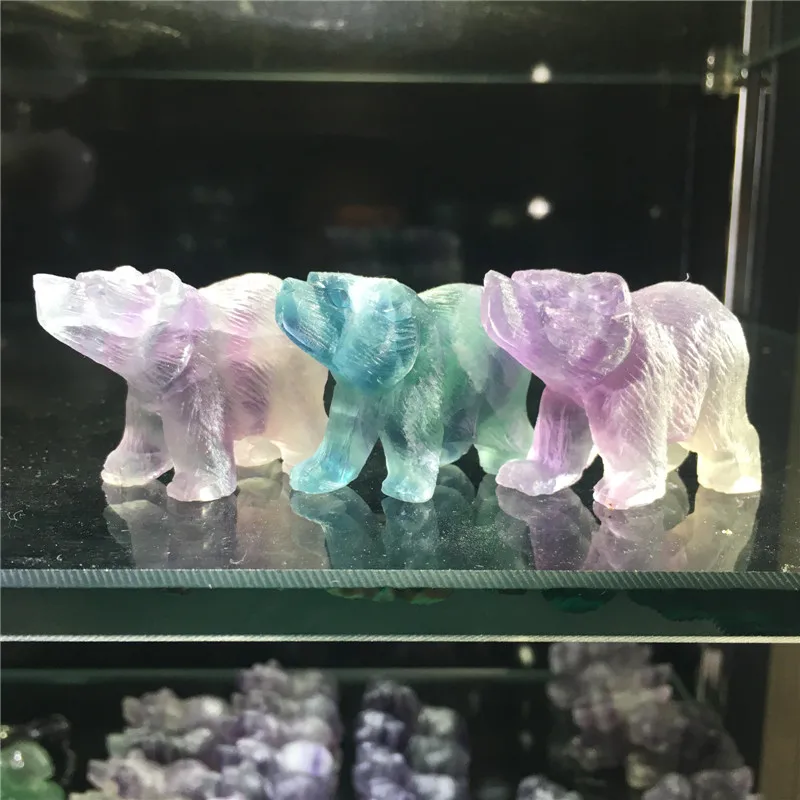 

1pcs beautiful natural stones and minerals colorful fluorite hand carving bear figurine as gifts for home decoration wholesale