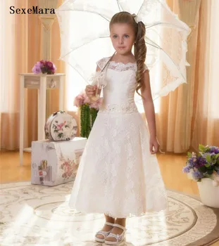 

A Line Ankle-Length Lace Flower Girls Dress With Beading Belt Girls Evening Prom Gown First Communion Dresses For Little Girls