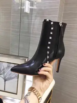 

New arrival autumn and winter women pumps pointed toe genuine leather high heel rivets zips high quality ankle short boots