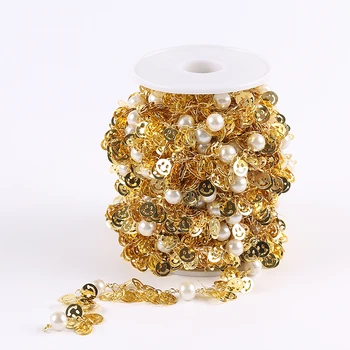 

Smooth White Pearl Round Loose Beads Chain,Wire Wrapped Golden Plated Smile Pattern Copper Bracelets Jewelry,8mm