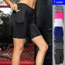 Для женщин высокоэластичное шорты для йоги карман высокой талией Фитнес работает быстросохнущие влагу колготки
