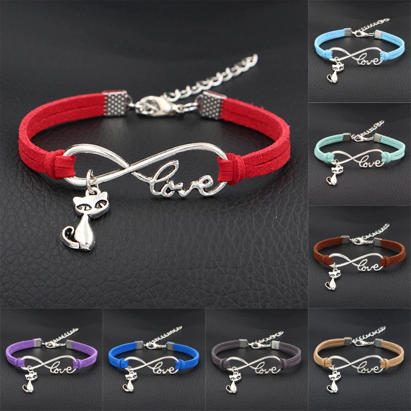 I Love My Quiet Cat Animal Charms Браслет Античное серебряное кольцо бесконечность кожаные