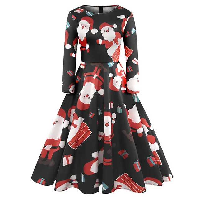 Elegant Christmas Dress Women Long Sleeve Print Vintage Party Dress