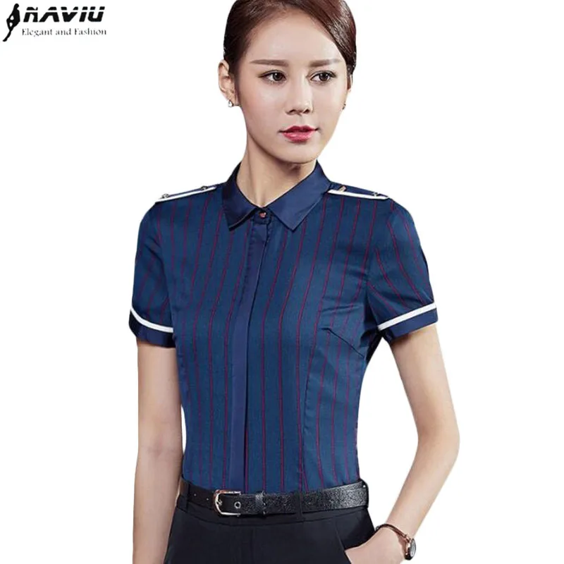 

Summer Fashion stripe women shirt OL Business formal slim short sleeve chiffon blouse office ladies work wear plus size tops