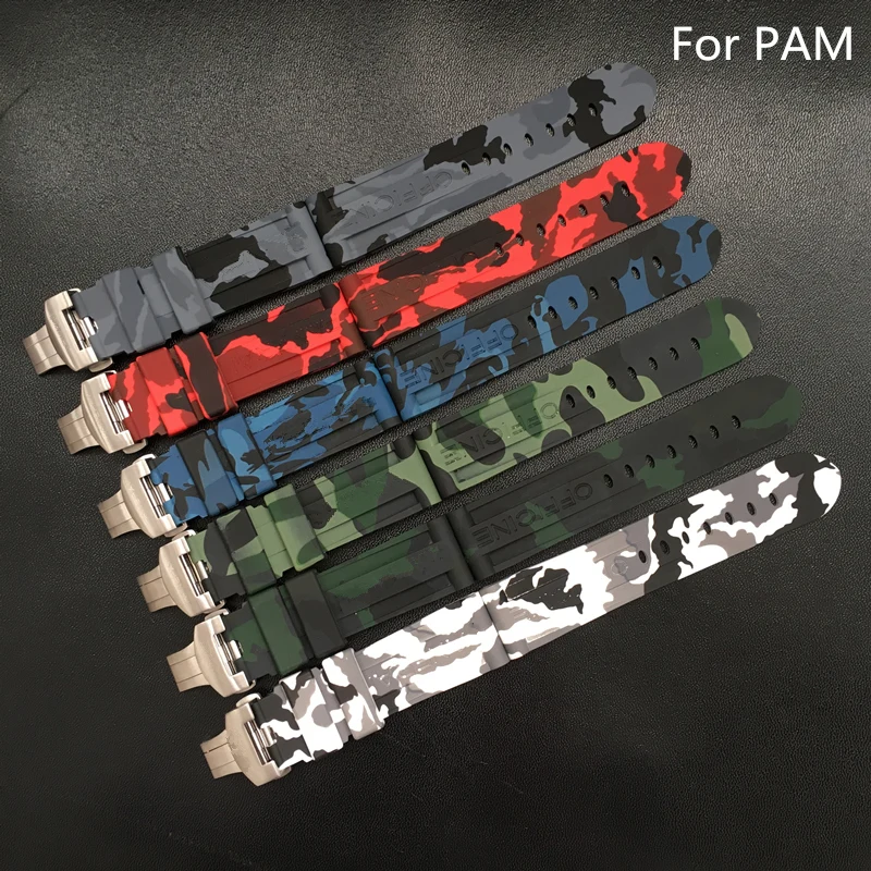 

24mm Blue Red Gray Green White Camo Waterproof Silicone Rubber Watchbands For Panerai PAM111 With Original Butterfly Clasp