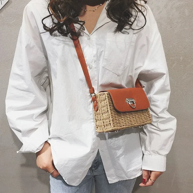 

Women Woven Casual Handmade Straw Handbags High Quality PU Leather Girls Vintage Square Straw Crossbody Bag Weaving Shoulder Bag