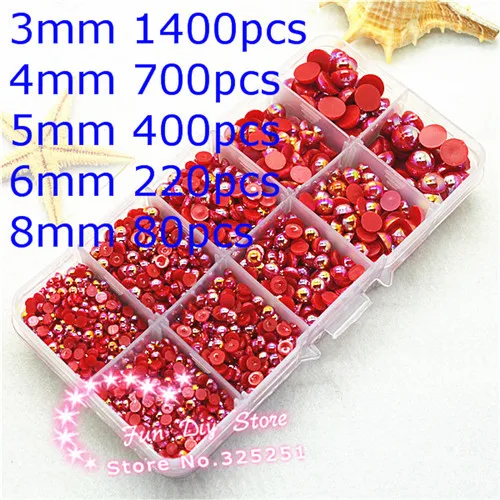 

AB red pearl box flat back pearl 3 4 5 6 8mm 2800pcs ABS half pearl