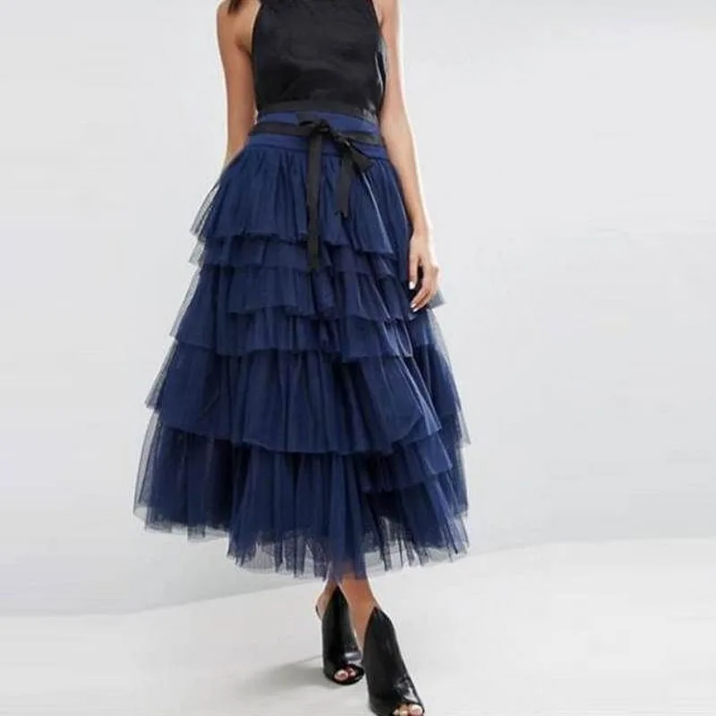 Dark Blue Tulle Skirt A Line Skirts Ankle Length Tiered Layered Skirt ...