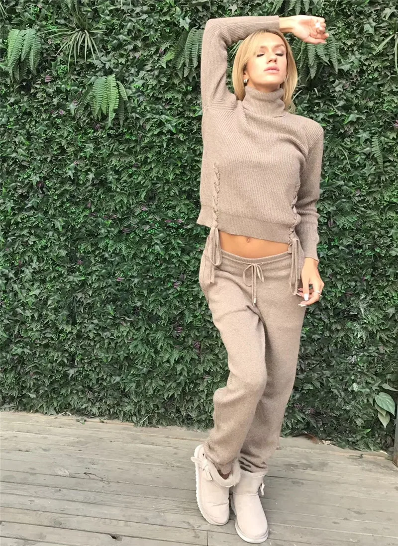 

Tracksuits Promotion Wool Full 2018 Spring New Cashmere 2 Piece Set Classic Cross Tie Fashion Casual Two-piece Suit Female