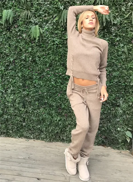 Cheap Tracksuits Promotion Wool Full 2018 Spring New Cashmere 2 Piece Set Classic Cross Tie Fashion Casual Two-piece Suit Female Cheap Tracksuits Promotion Wool Full 2018 Spring New Cashmere 2 Piece Set Classic Cross Tie Fashion Casual Two-piece Suit Female
