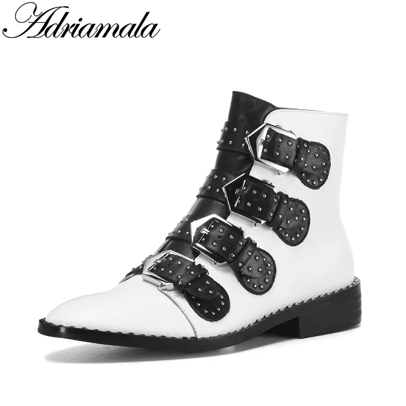 

2018 Genuine Leather Women Leather Motorcycle Boots Thick Soles Pointed Toe Square Heel Cow Leather buckle strap Adriamala