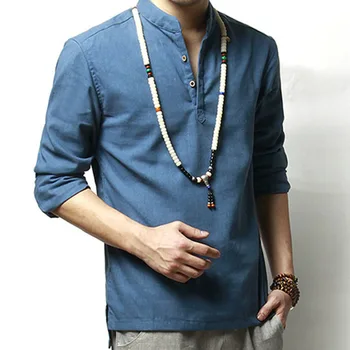 

Summer Men`s Linen Cotton Blended Shirt Mandarin Collar Breathable Comfy Traditional Chinese Style Popover Henley Shirts For Men