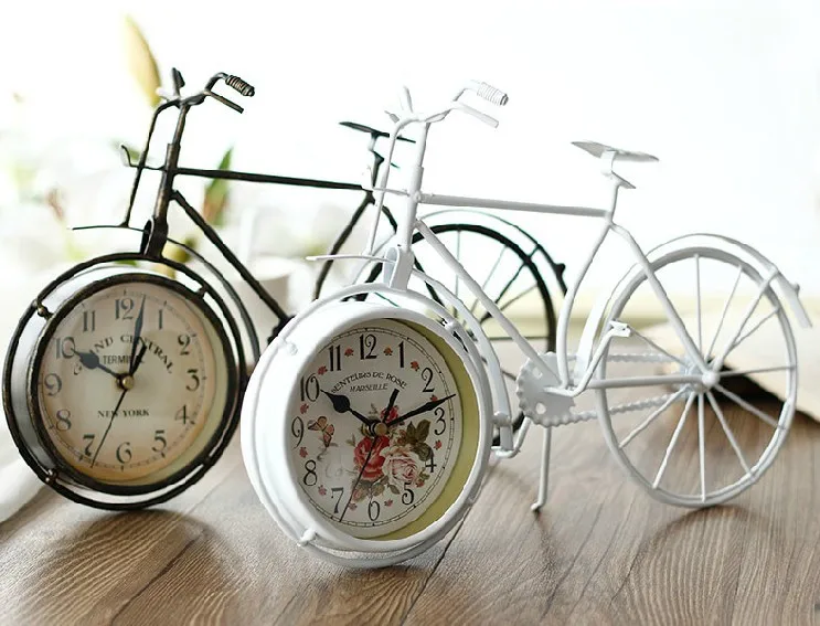 Напоминающие настольные часы из металла в форме велосипеда из смолы с круглым колесом, бесшумные настольные часы для украшения дома, винтажные настольные часы для велосипеда