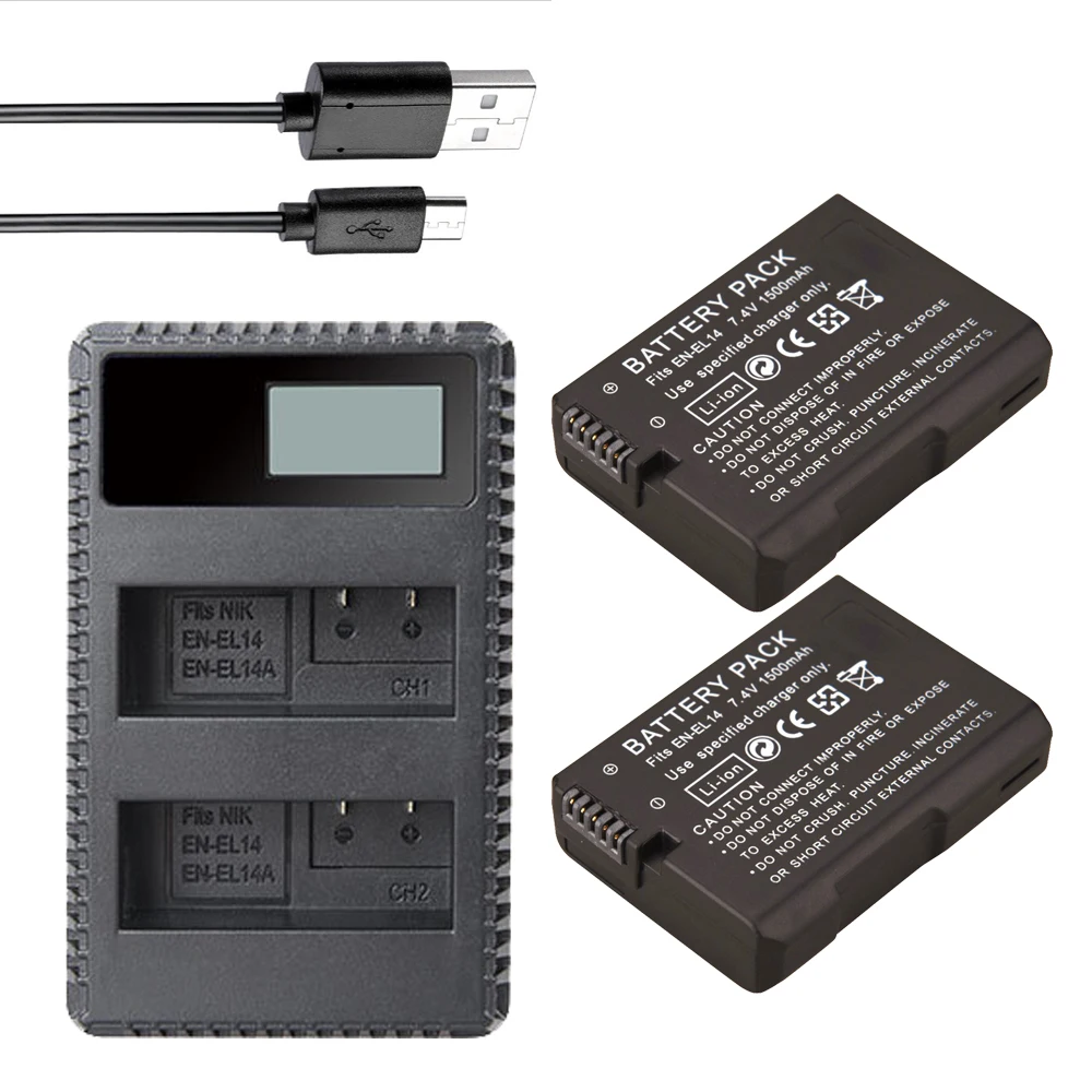 2Pcs EN-EL14 ENEL14 EN EL14 Batteries bateria batterie AKKU + LCD USB Dual Charger For Nikon D5200 D3100 D3200 D5100 P7000 P7100 |